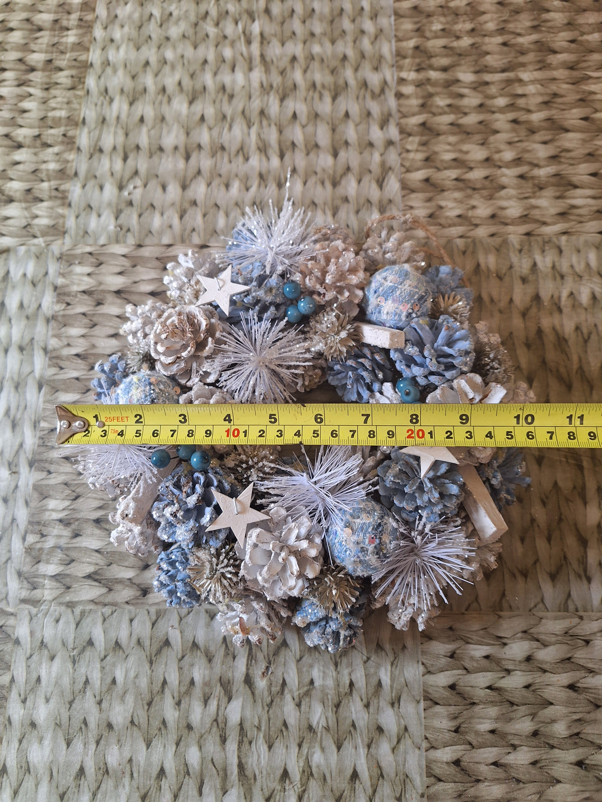 Star Dust Christmas Wreath 30cm | Blue & White Frosted Pine Cone Wreath