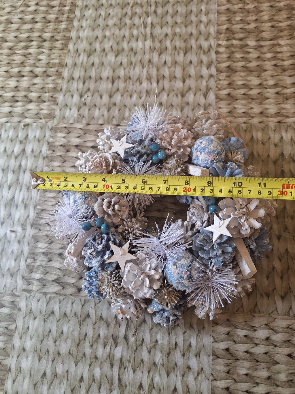 Star Dust Christmas Wreath 30cm | Blue & White Frosted Pine Cone Wreath