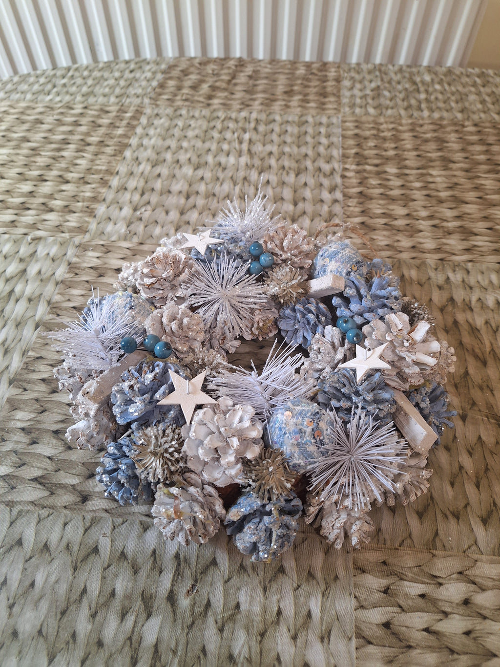 Star Dust Christmas Wreath 30cm | Blue & White Frosted Pine Cone Wreath