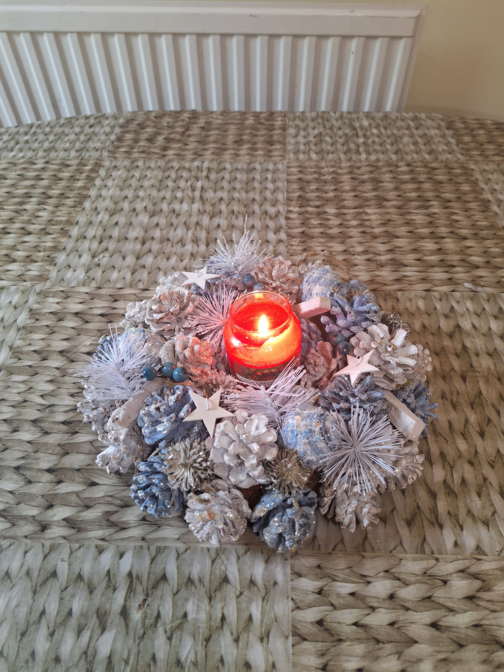 Star Dust Christmas Wreath 30cm | Blue & White Frosted Pine Cone Wreath