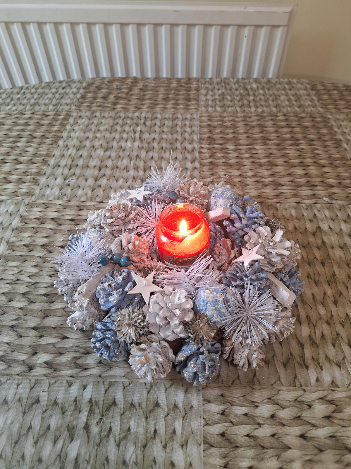 Star Dust Christmas Wreath 30cm | Blue & White Frosted Pine Cone Wreath