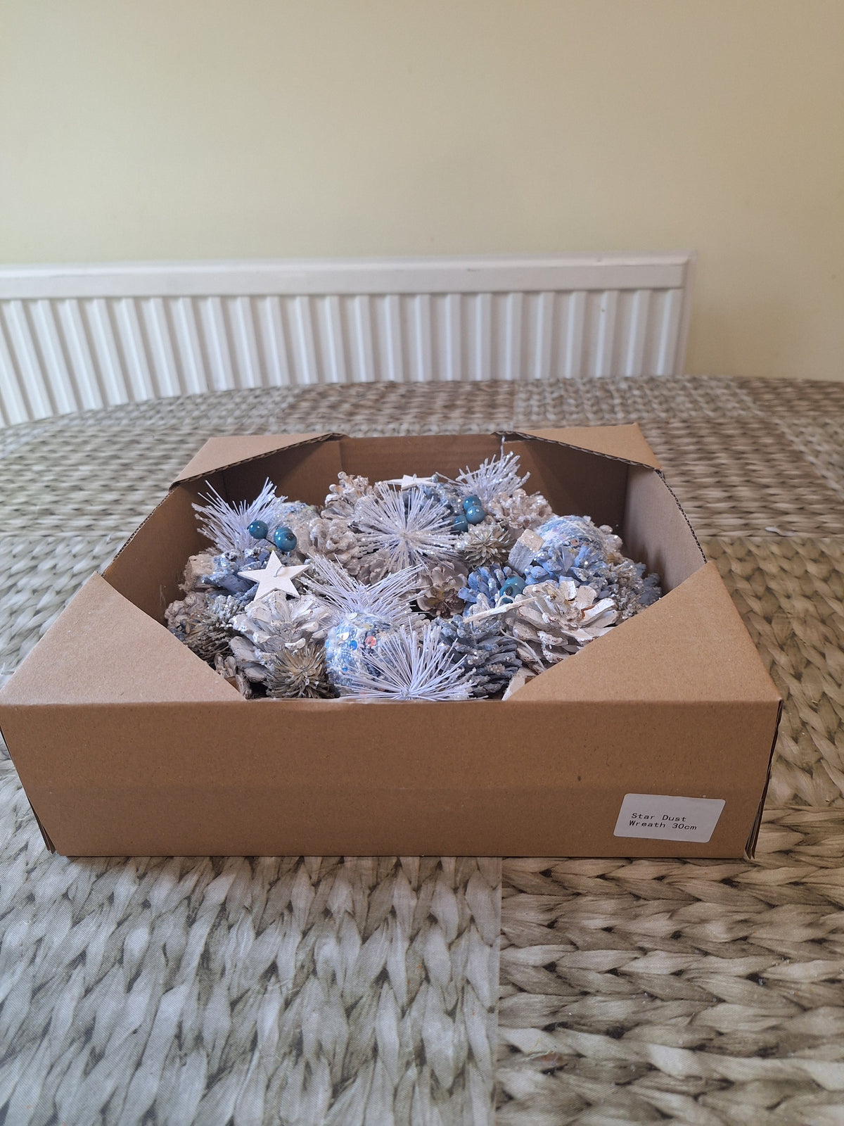 Star Dust Christmas Wreath 30cm | Blue & White Frosted Pine Cone Wreath