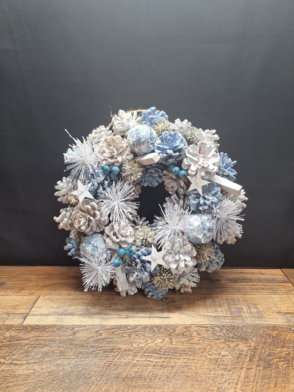 Star Dust Christmas Wreath 30cm | Blue & White Frosted Pine Cone Wreath