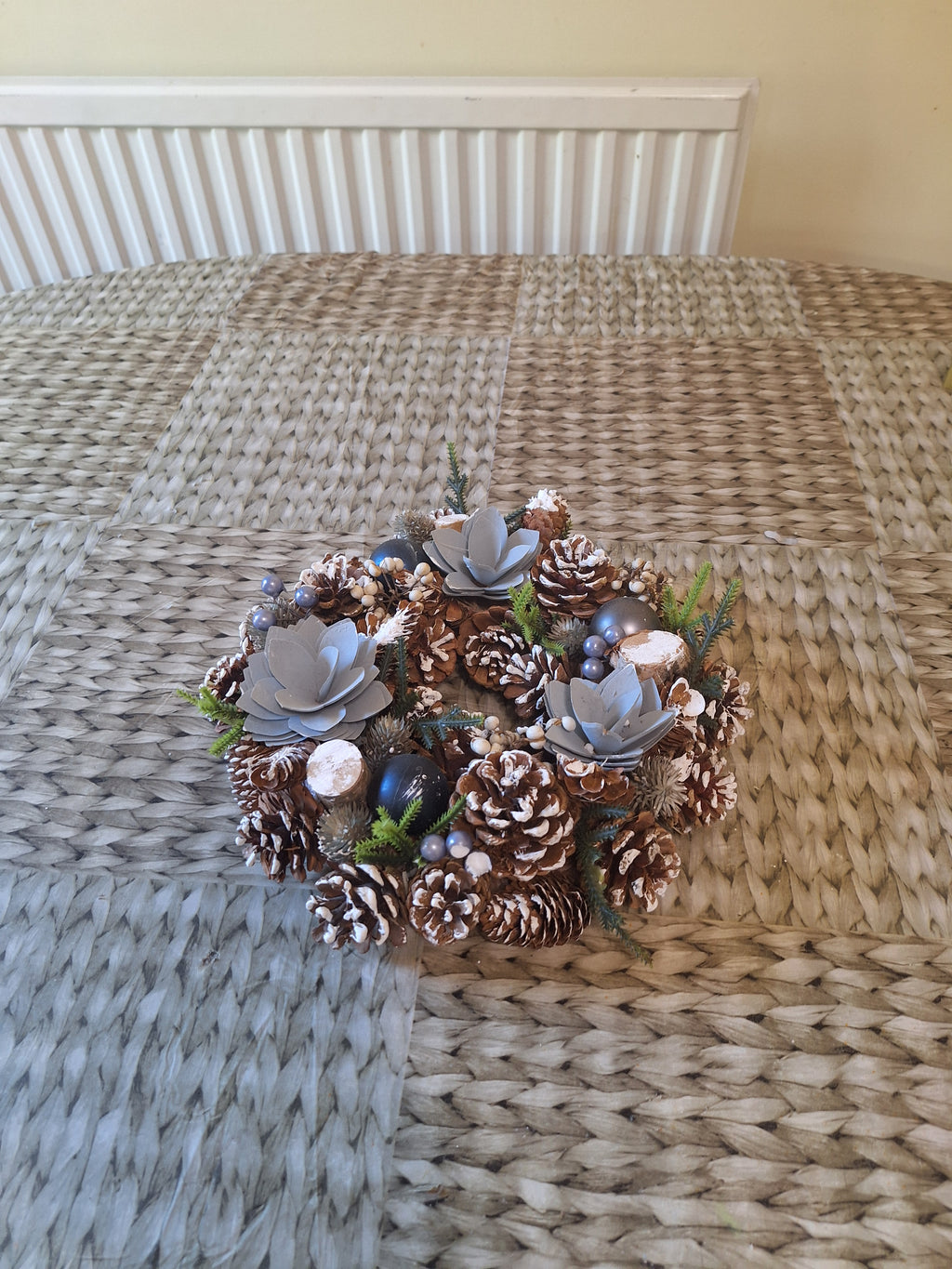 Iced Rose Christmas Wreath 30cm | Frosted Pine Cone Door & Table Wreath