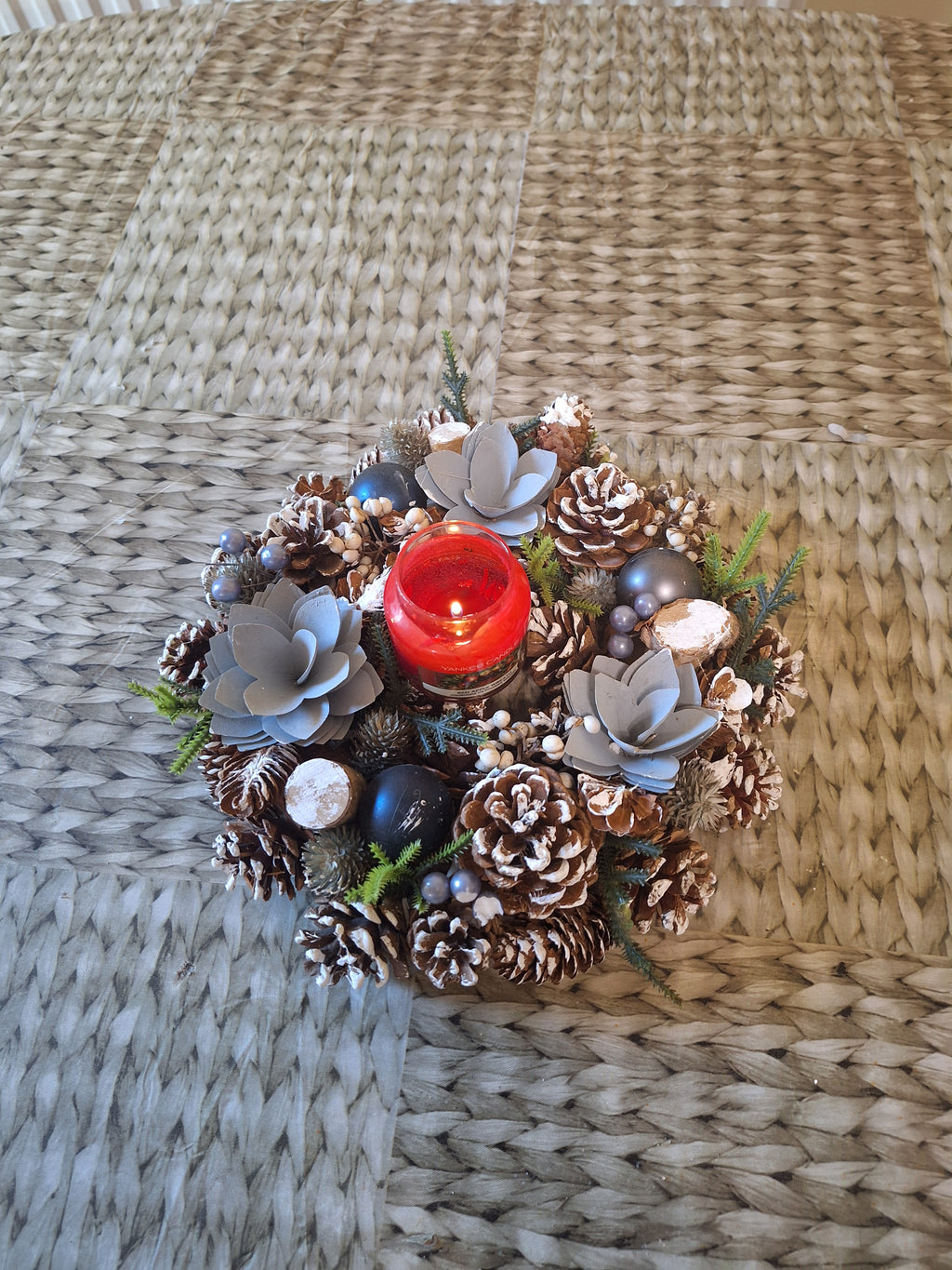 Iced Rose Christmas Wreath 30cm | Frosted Pine Cone Door & Table Wreath