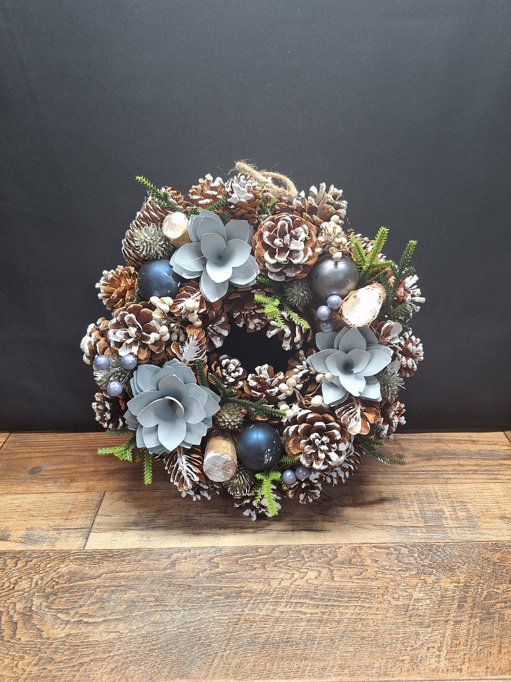 Iced Rose Christmas Wreath 30cm | Frosted Pine Cone Door & Table Wreath