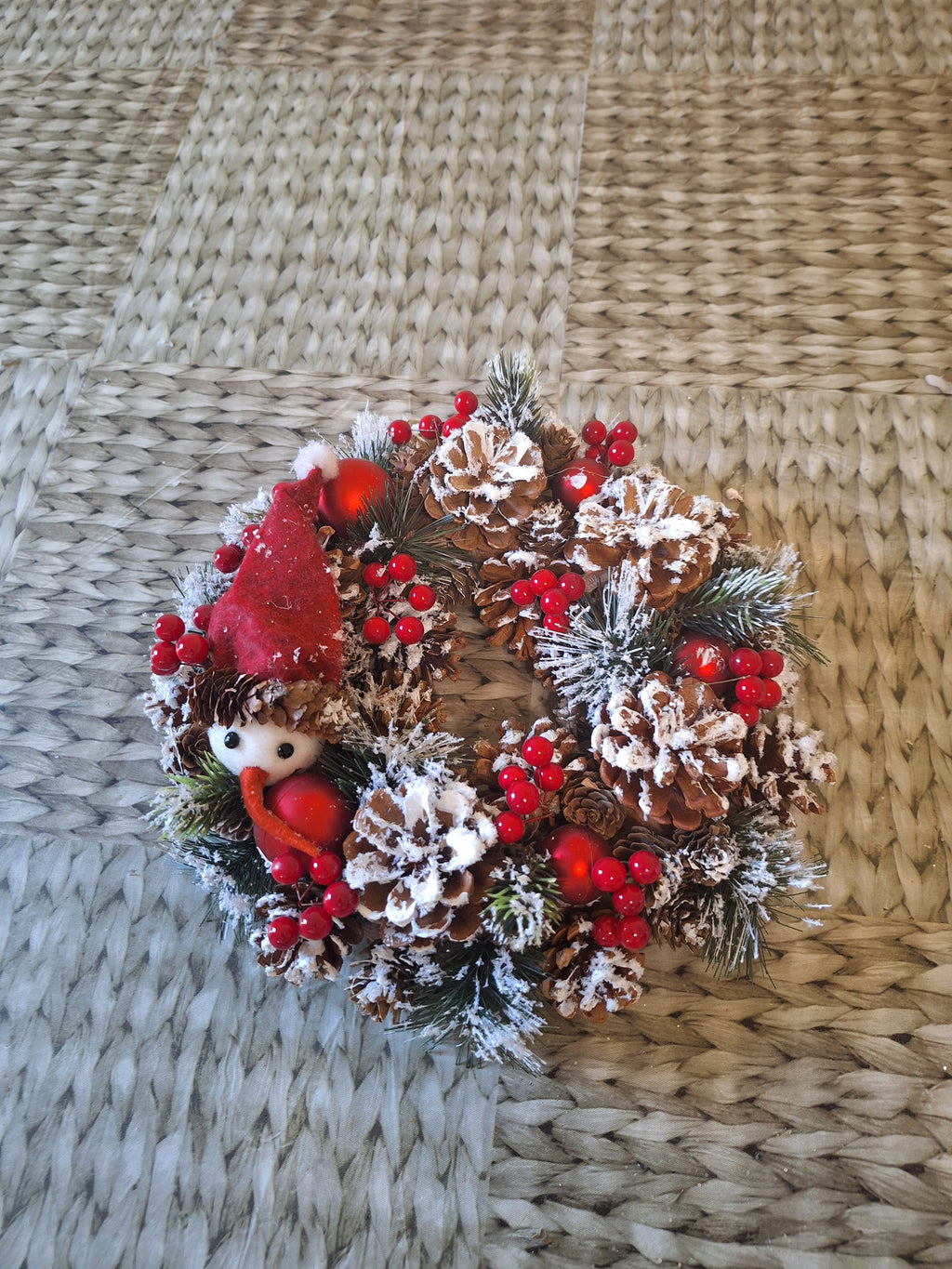 Jolly Snowman Christmas Wreath 30cm | Frosted Pine Cone Door & Table Wreath