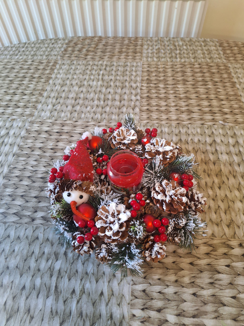 Jolly Snowman Christmas Wreath 30cm | Frosted Pine Cone Door & Table Wreath