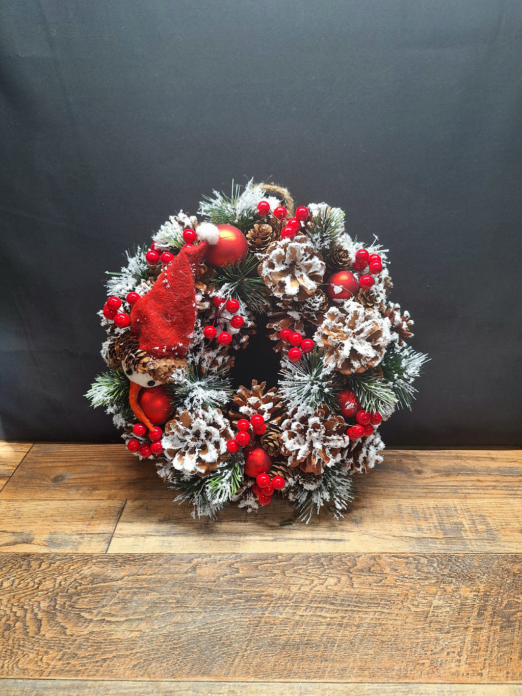 Jolly Snowman Christmas Wreath 30cm | Frosted Pine Cone Door & Table Wreath
