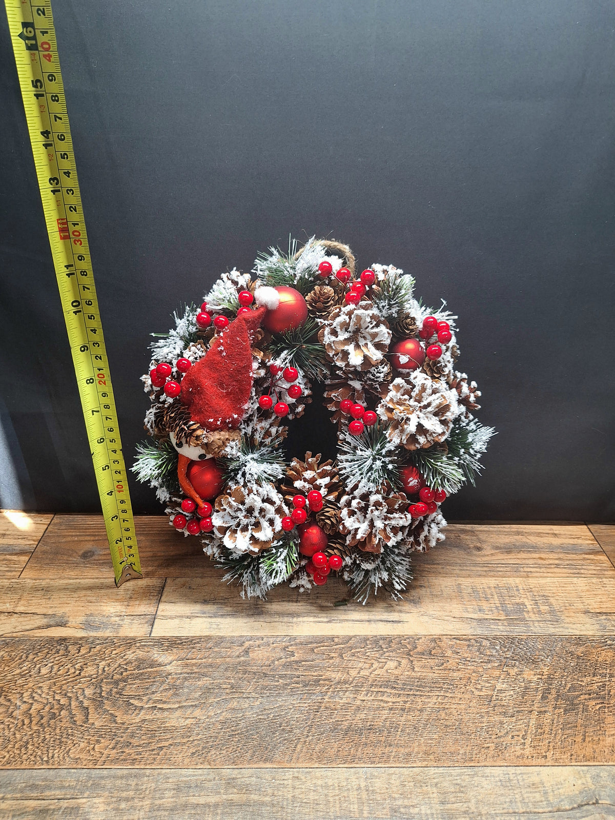 Jolly Snowman Christmas Wreath 30cm | Frosted Pine Cone Door & Table Wreath