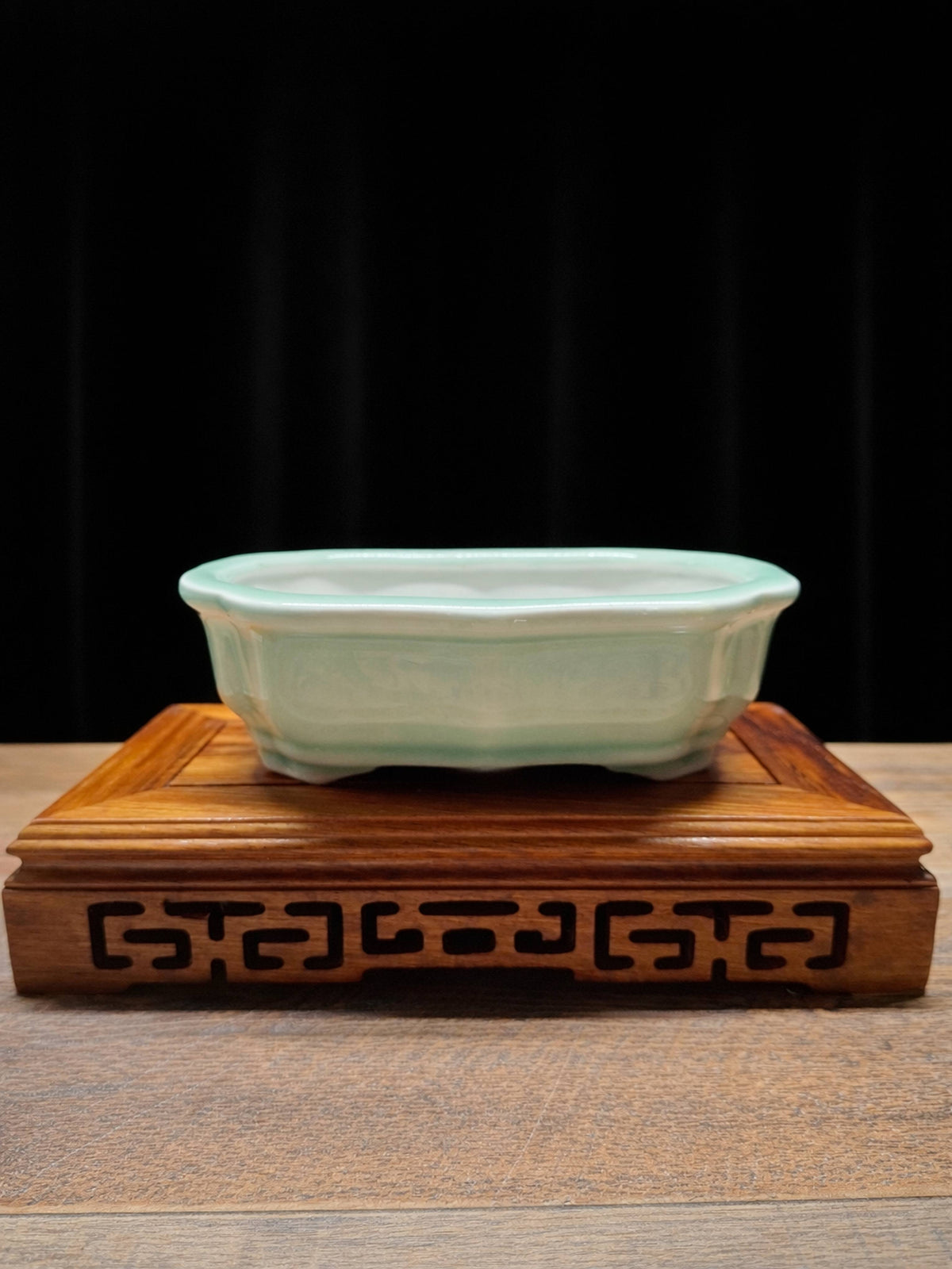 Handmade green glazed ceramic bonsai pot 14.7x11.2x5 cm