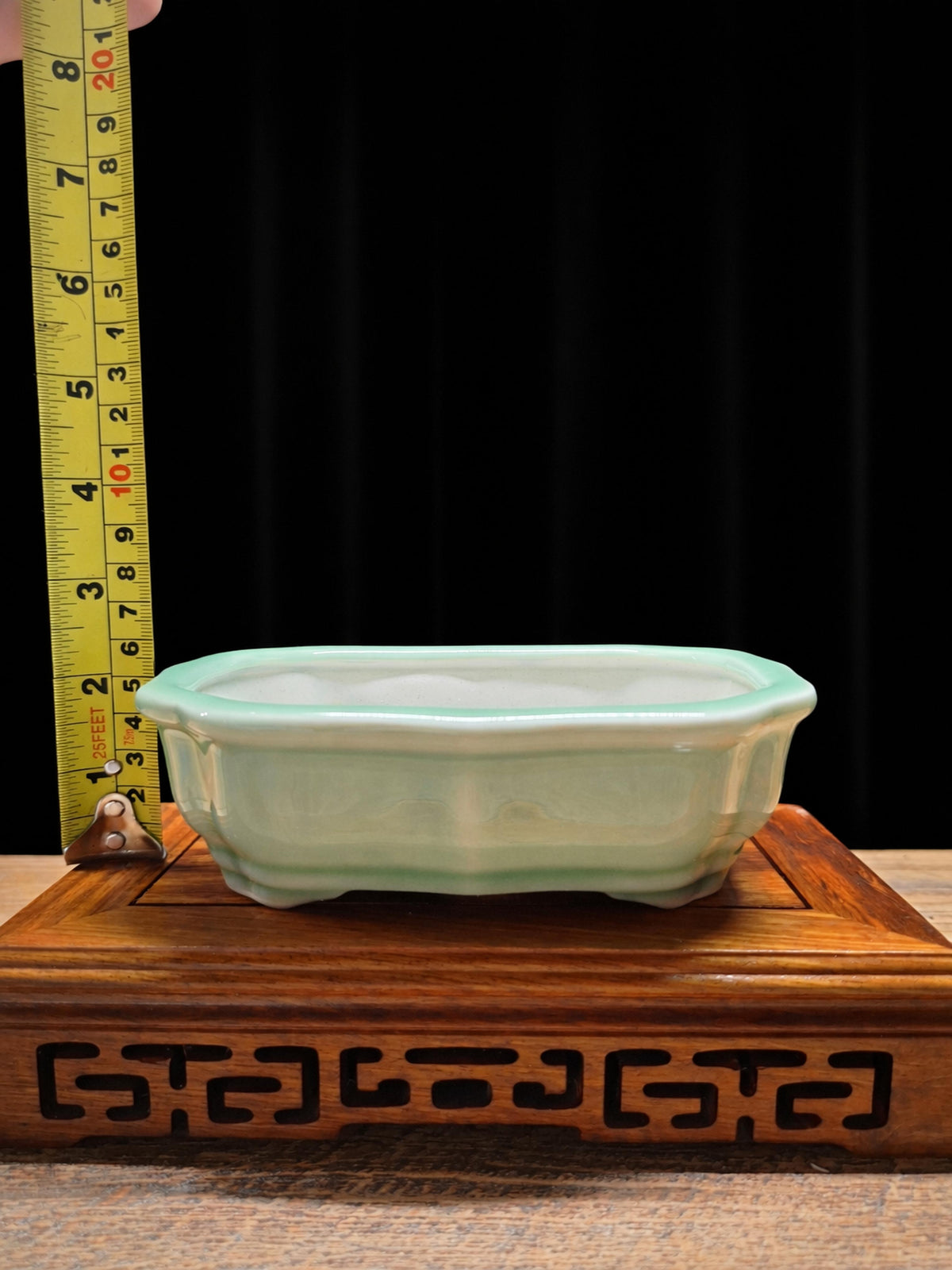 Handmade green glazed ceramic bonsai pot 14.7x11.2x5 cm