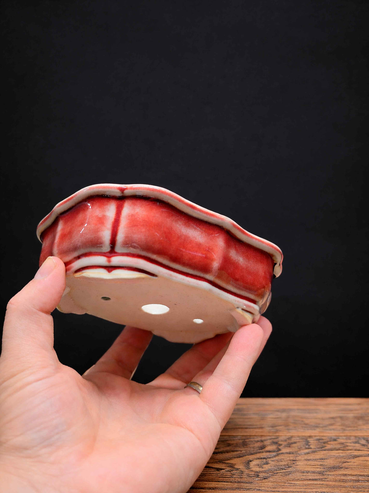 Handmade red glazed ceramic bonsai pot 14.7x11.2x5 cm