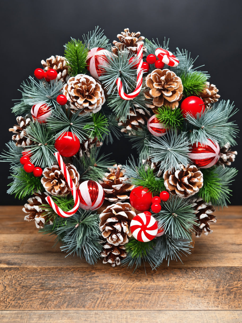 30cm Christmas Candy Wreath – Natural Pine Cones & Red Decorations | Free UK Delivery