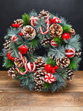30cm Christmas Candy Wreath – Natural Pine Cones & Red Decorations | Free UK Delivery