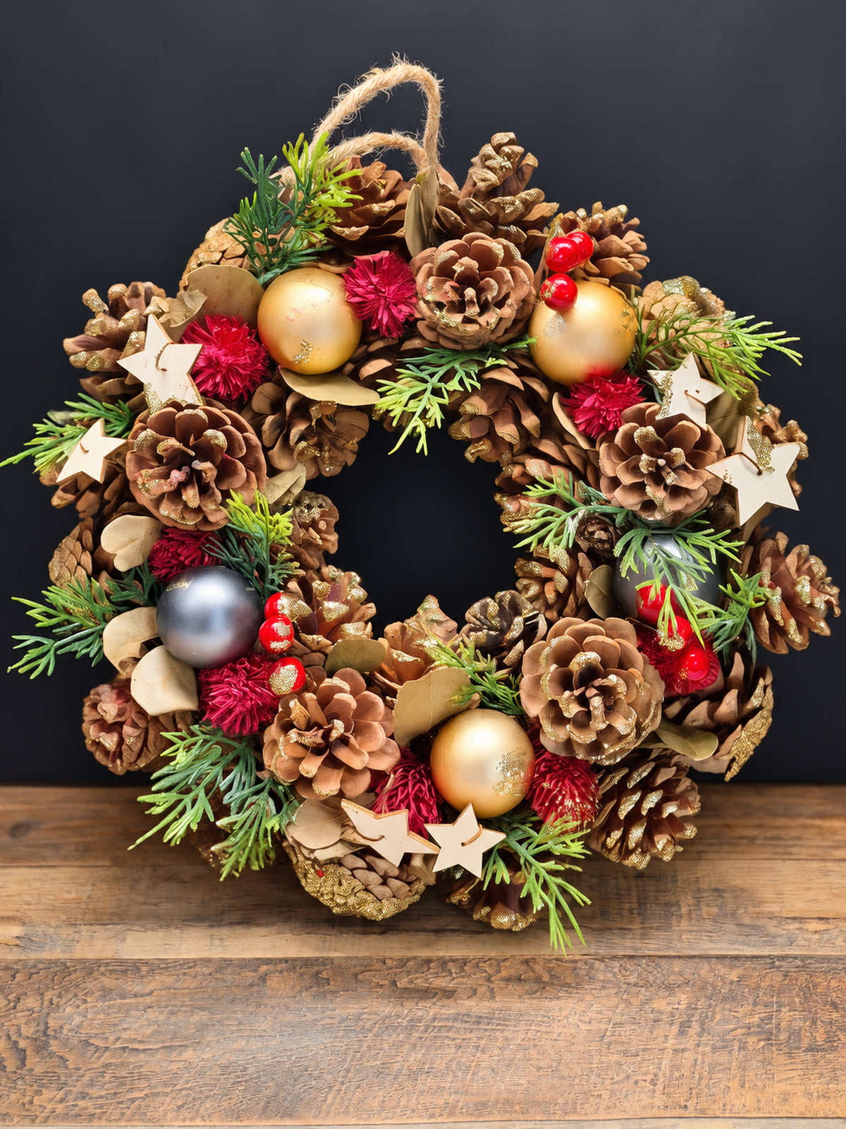 Classic Holiday Christmas Wreath 30cm | Natural Pine Cone Wreath