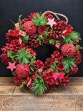 Highland Star Christmas Wreath 30cm | Red Pine Cone Door or Table Wreath