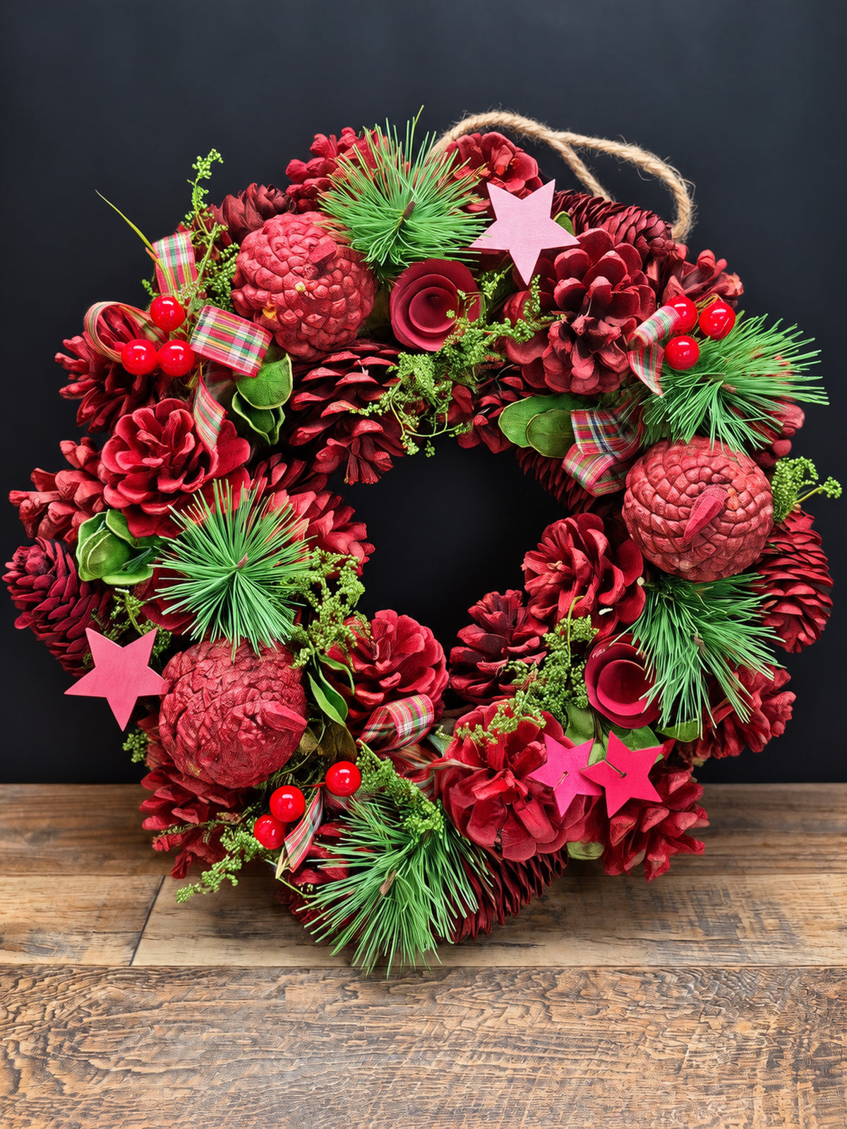 Highland Star Christmas Wreath 30cm | Red Pine Cone Door or Table Wreath
