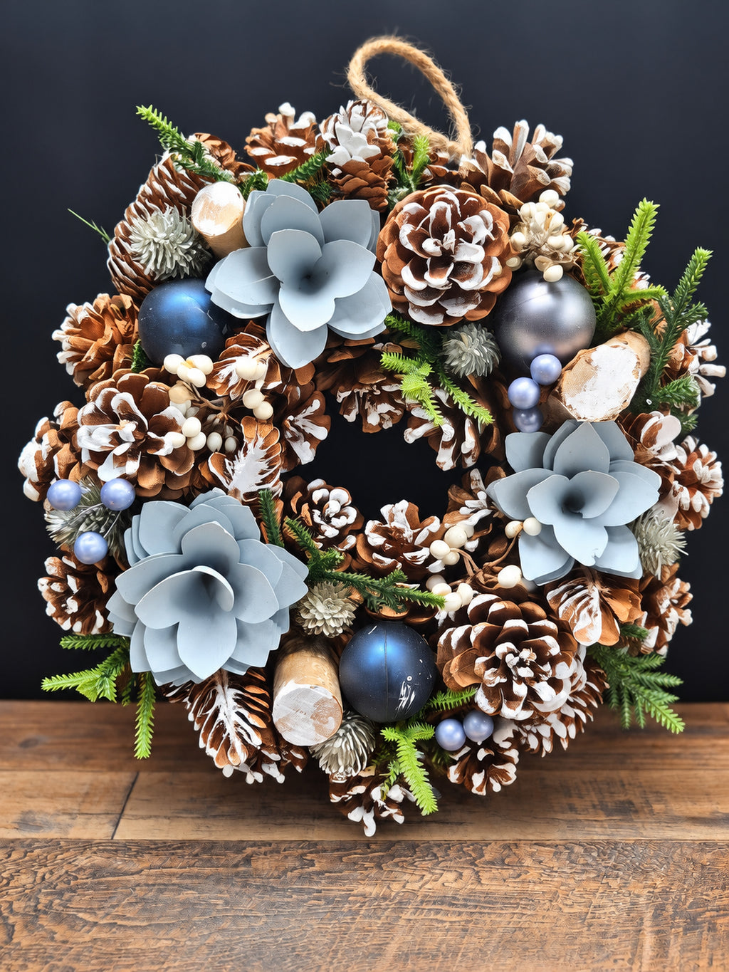Iced Rose Christmas Wreath 30cm | Frosted Pine Cone Door & Table Wreath
