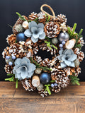 Iced Rose Christmas Wreath 30cm | Frosted Pine Cone Door & Table Wreath