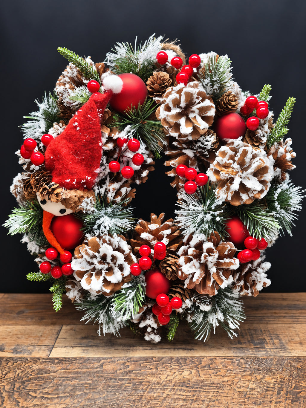 Jolly Snowman Christmas Wreath 30cm | Frosted Pine Cone Door & Table Wreath