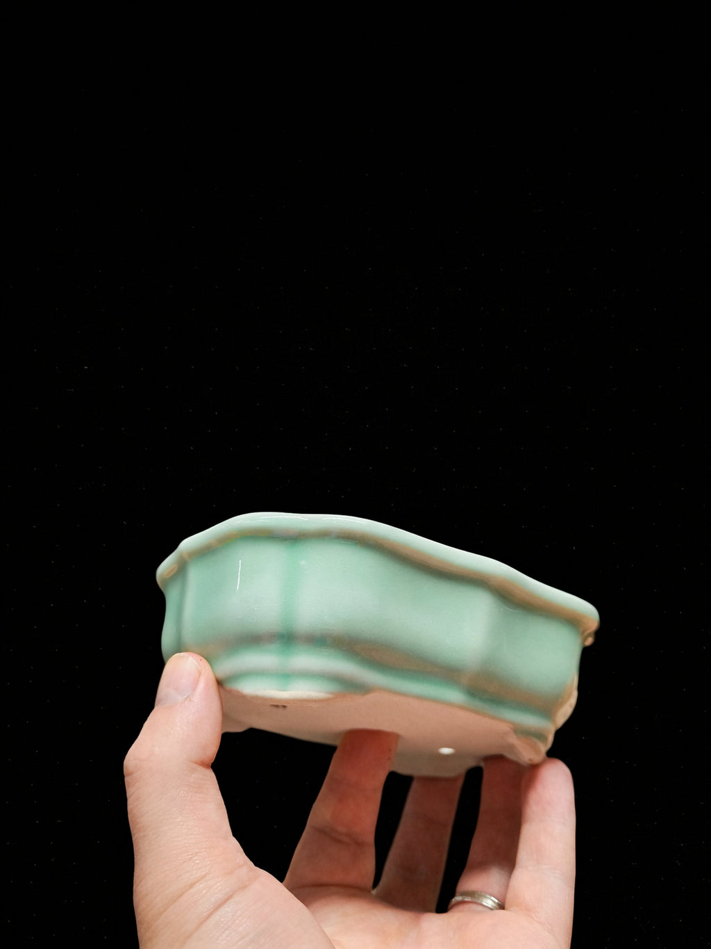 Handmade green glazed ceramic bonsai pot 14.7x11.2x5 cm