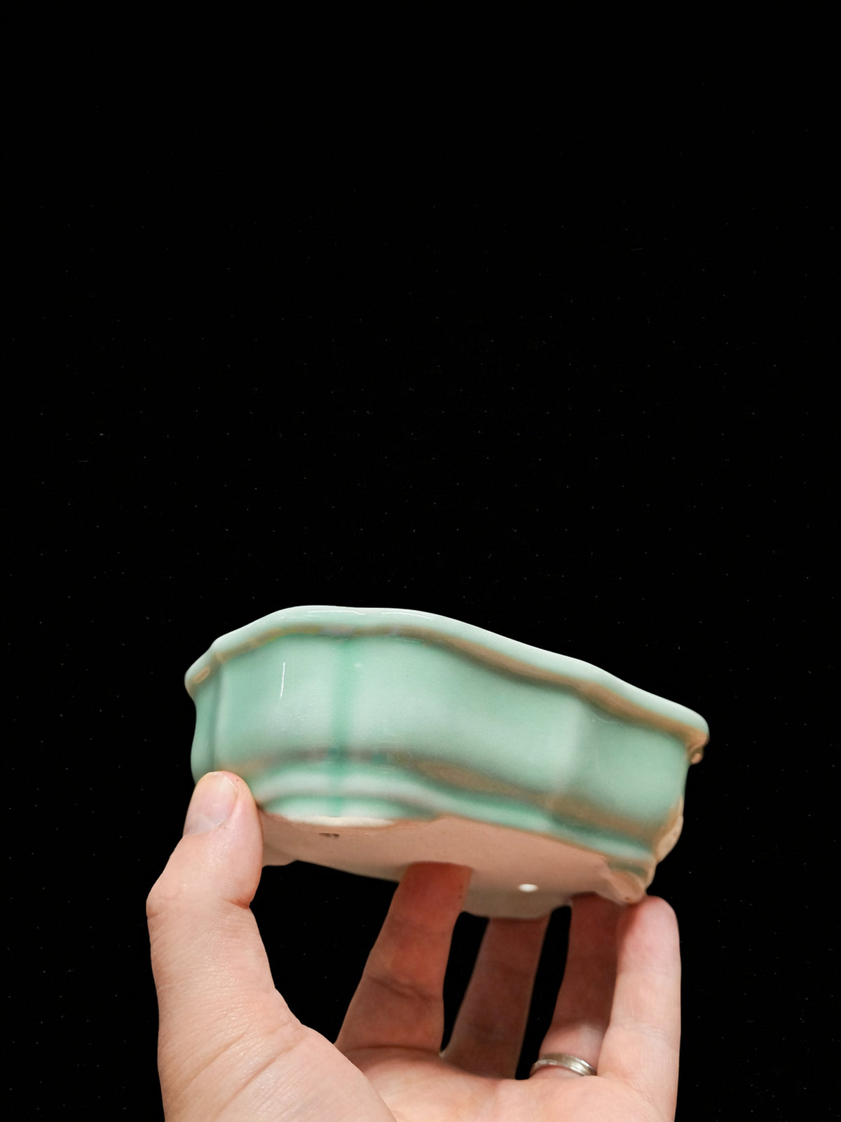 Handmade green glazed ceramic bonsai pot 14.7x11.2x5 cm