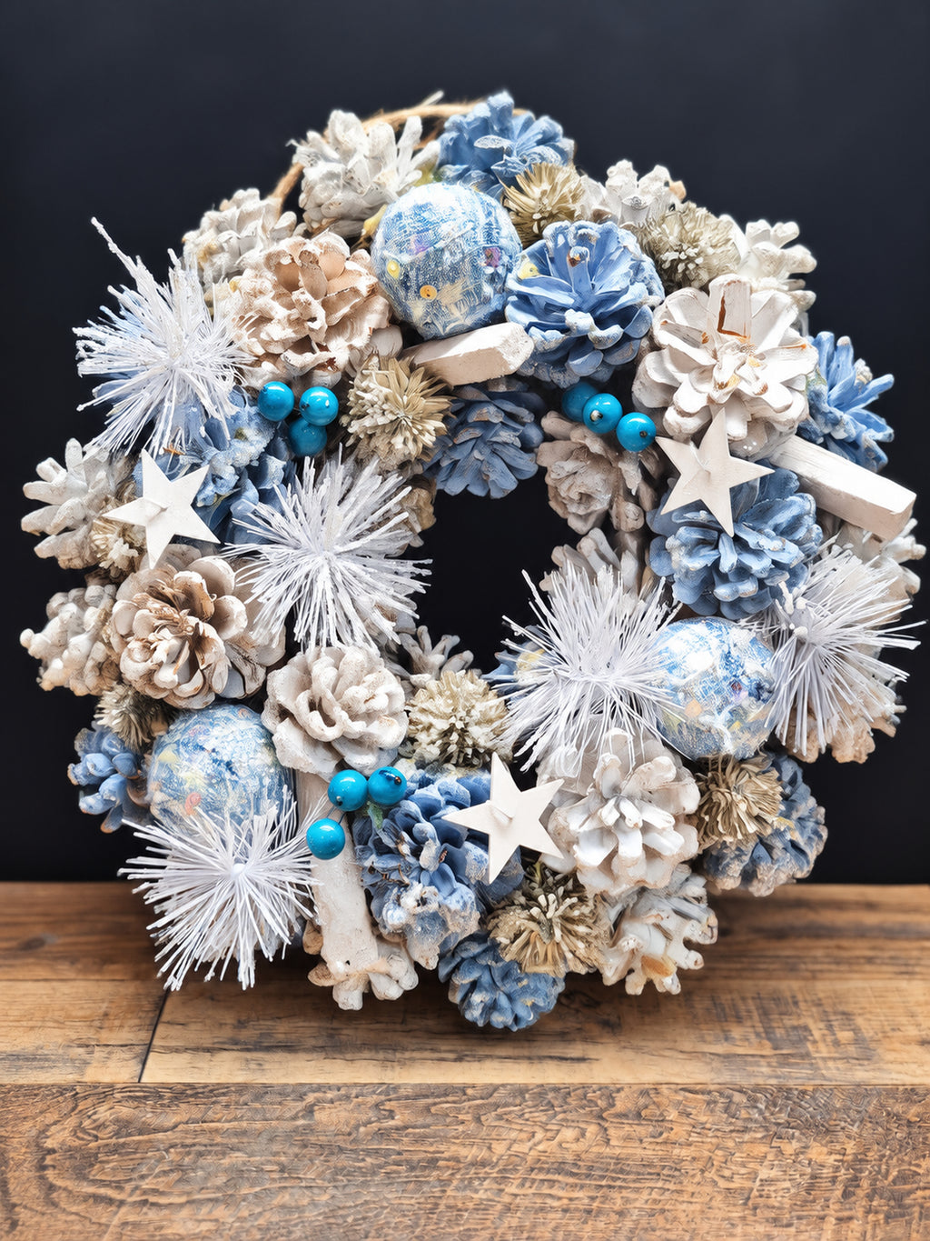 Star Dust Christmas Wreath 30cm | Blue & White Frosted Pine Cone Wreath