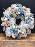 Star Dust Christmas Wreath 30cm | Blue & White Frosted Pine Cone Wreath