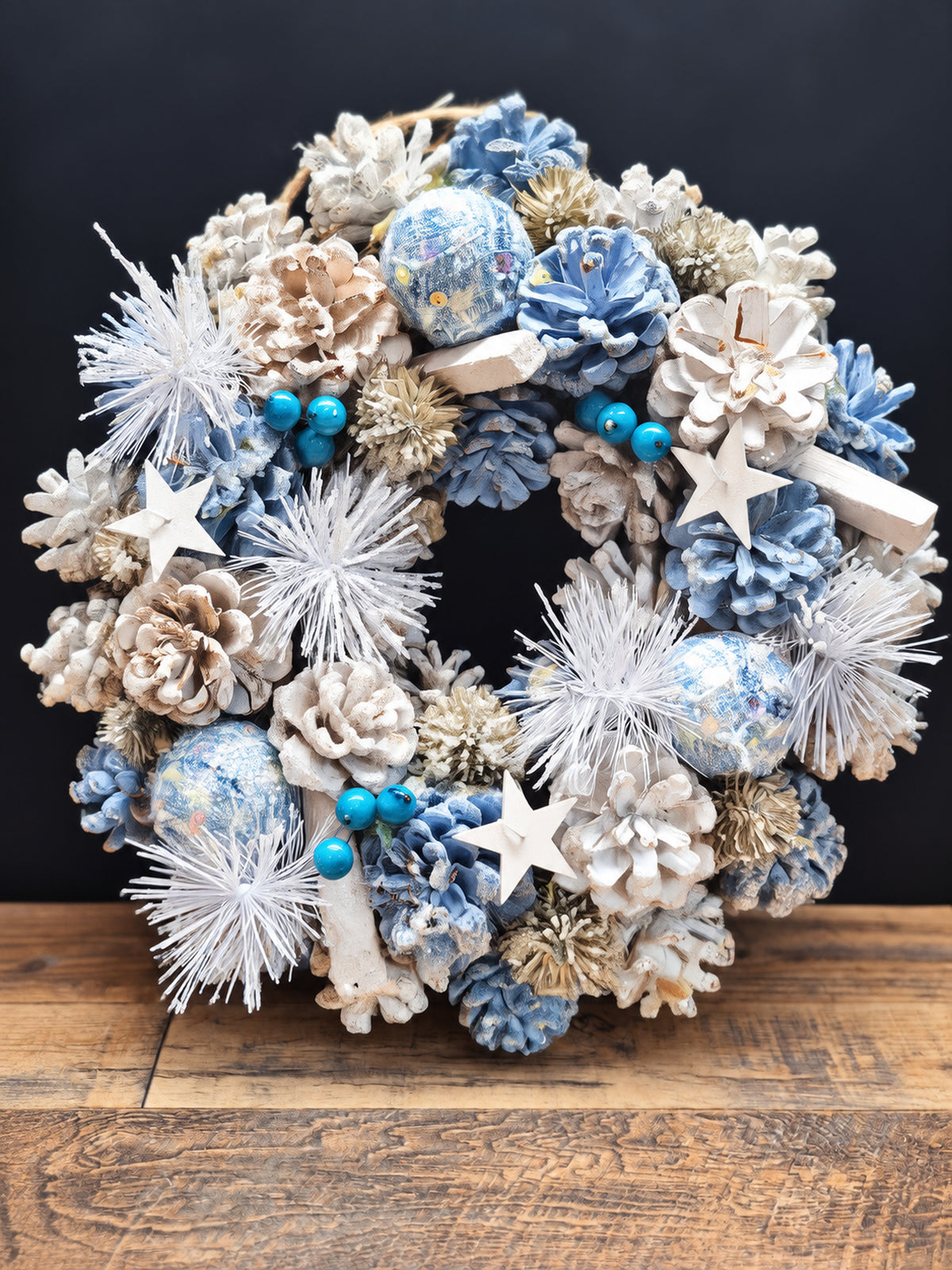 Star Dust Christmas Wreath 30cm | Blue & White Frosted Pine Cone Wreath